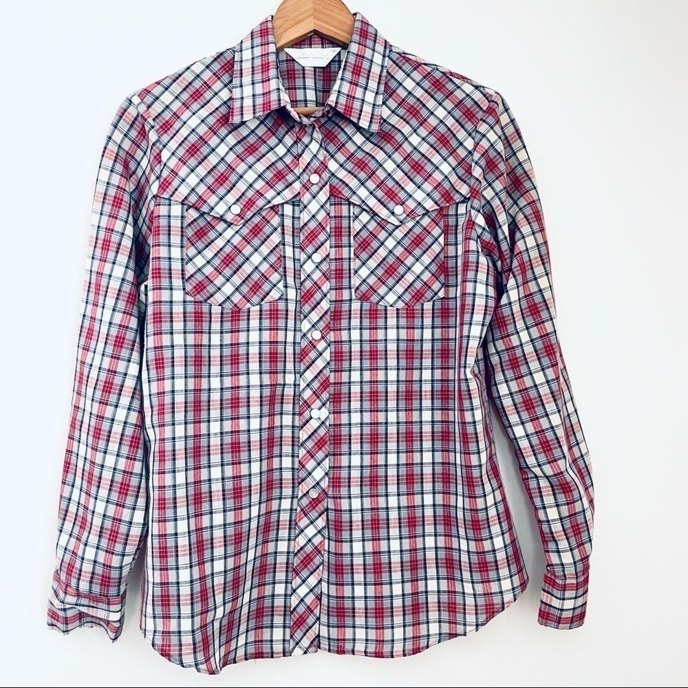 Vintage Cheryl Tiegs Red Blue Plaid Pearl Snap Western Top 14